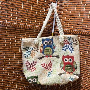 Owl Print Canvas Tote Bag With Rope Strap- Cream